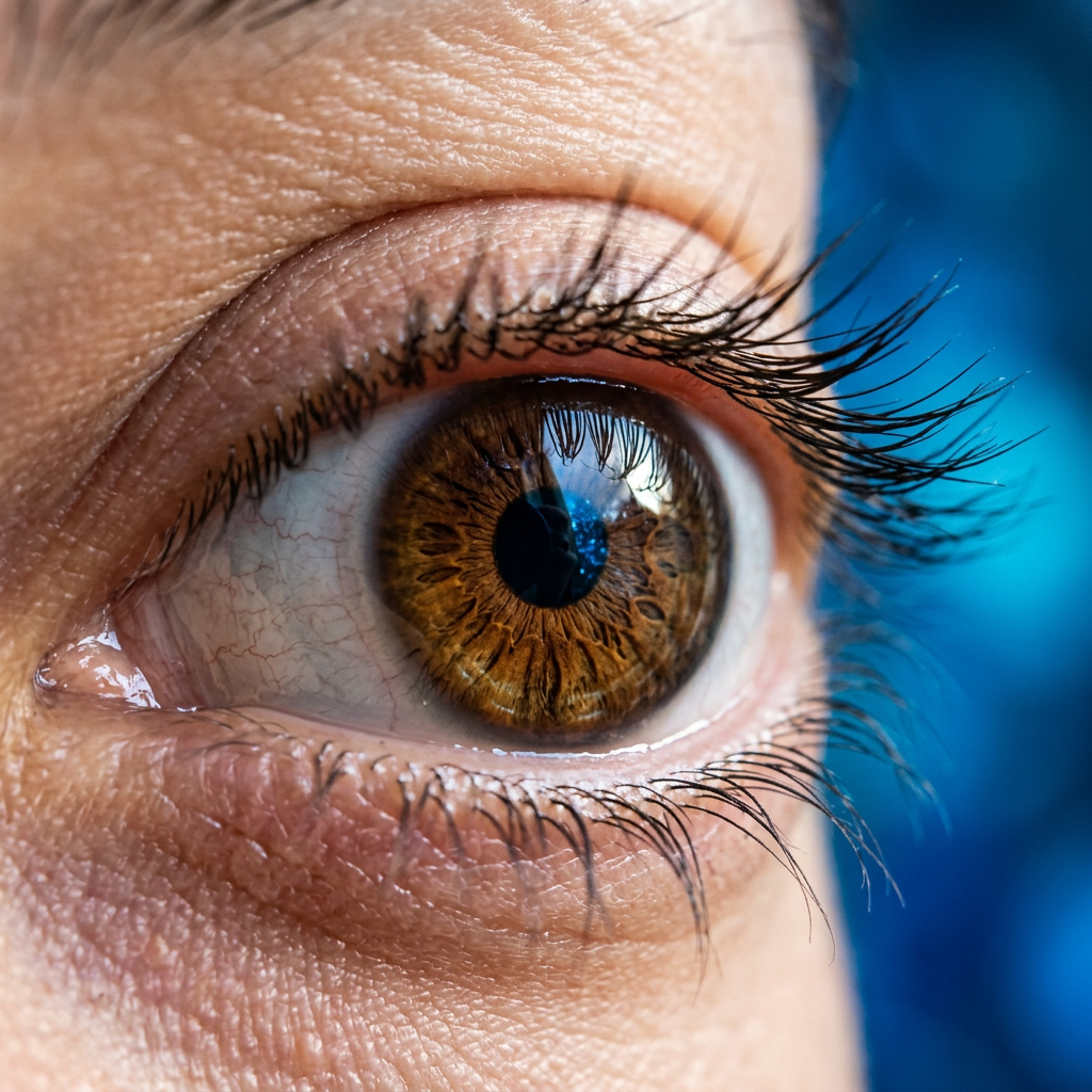 Close-up of a brown eye with visible iris patterns and eyelashes