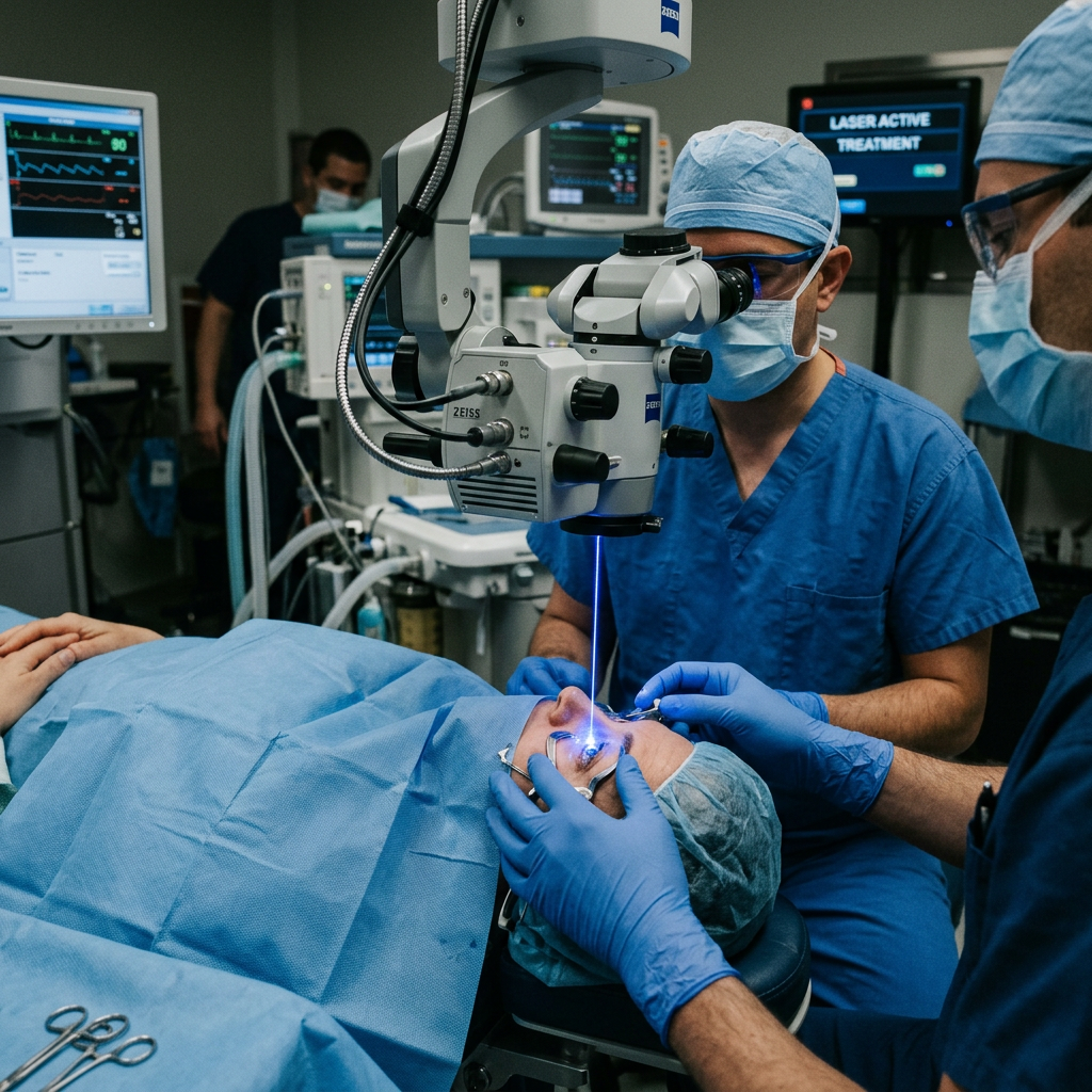 Medical team performing laser eye surgery on patient under microscope