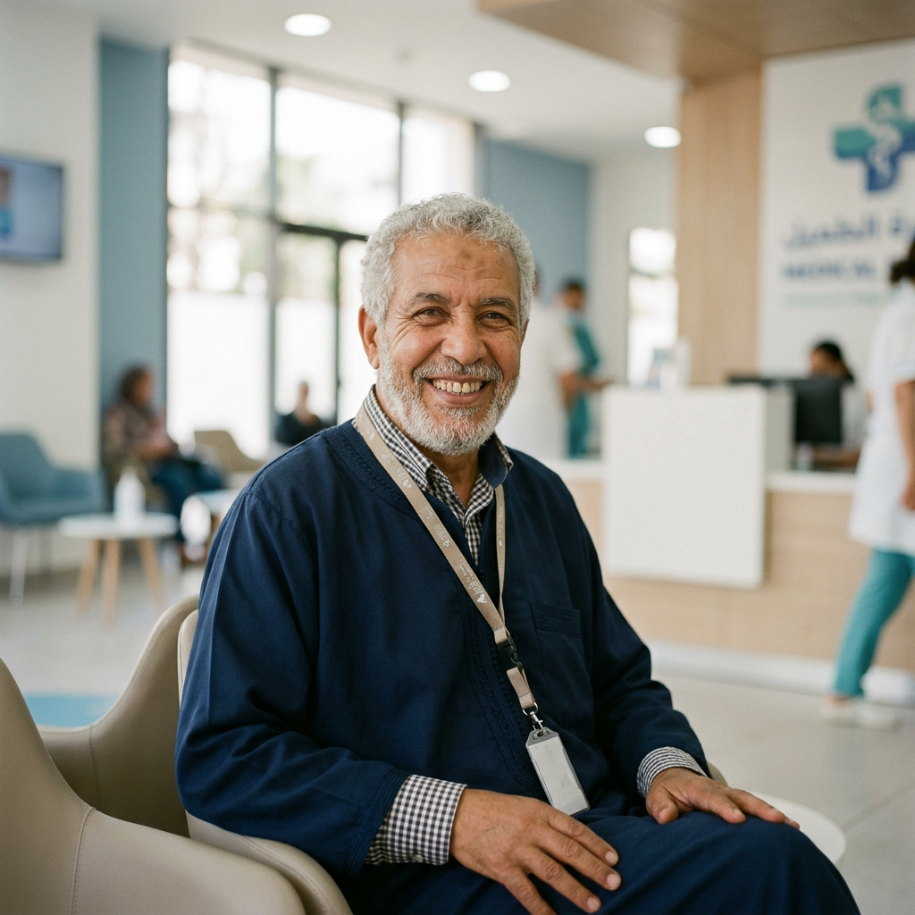 Elderly man in blue robe sitting and smiling in a hospital lobby