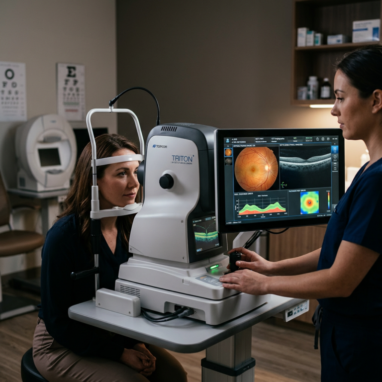 Patient having retinal scan using TOPEON TRITON OCT imaging device