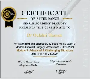 Certificat Sinjab Academy — Masterclass cataracte, module 3 : situations avancées et cas complexes — Dr Hassan Oulehri