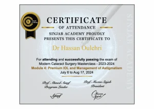 Certificat Sinjab Academy — Masterclass cataracte, module 4 : implants premium et astigmatisme — Dr Hassan Oulehri