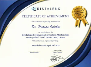 Certificat Masterclass Cristalens — correction de la presbytie (Tunis, 2025) — Dr Hassan Oulehri, ophtalmologue à Fès