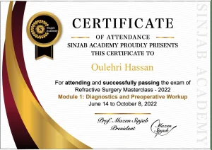 Certificat Sinjab Academy — Masterclass chirurgie réfractive, module 1 : diagnostic et bilan préopératoire — Dr Hassan Oulehri