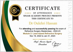 Certificat Sinjab Academy — Masterclass chirurgie réfractive, module 2 : chirurgie au laser (LASIK, PKR) — Dr Hassan Oulehri