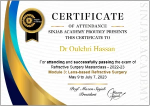 Certificat Sinjab Academy — Masterclass chirurgie réfractive, module 3 : chirurgie par implants (ICL) — Dr Hassan Oulehri