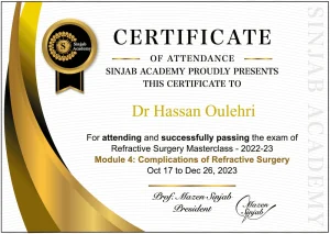 Certificat Sinjab Academy — Masterclass chirurgie réfractive, module 4 : gestion des complications — Dr Hassan Oulehri